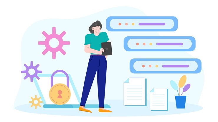 Vector a businesswoman is implementing security measures to protect data