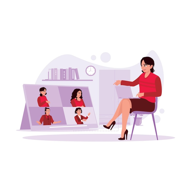 Vector businesswoman is seen sitting and having a conference with business colleagues