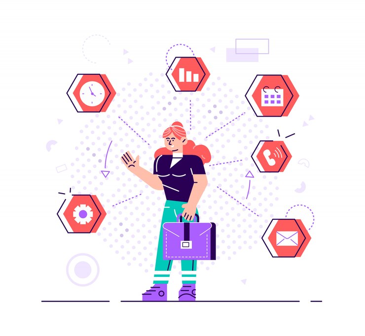 Vector businesswoman is standing and holding briefcase with office icons on the background. multitasking and time management concept. effective management. flat style  design illustration for web site.