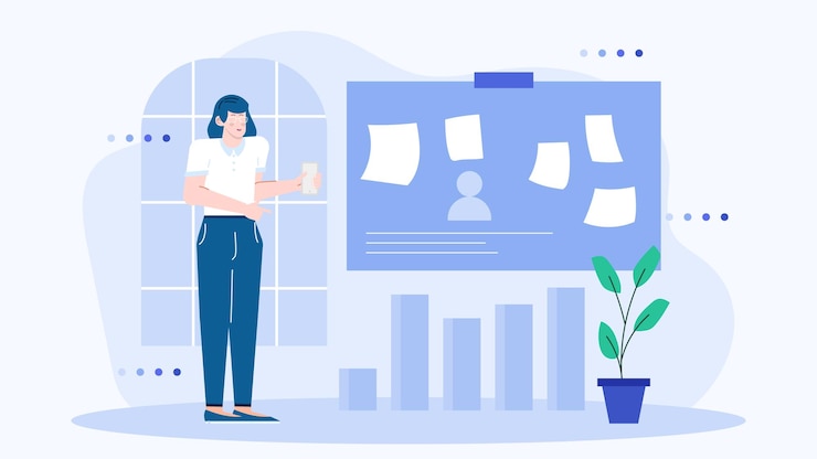 Vector 사업가 한 명 은 그래프 와 차트 를 사용 하여 사업 증가 에 대해 이야기 하고 있다