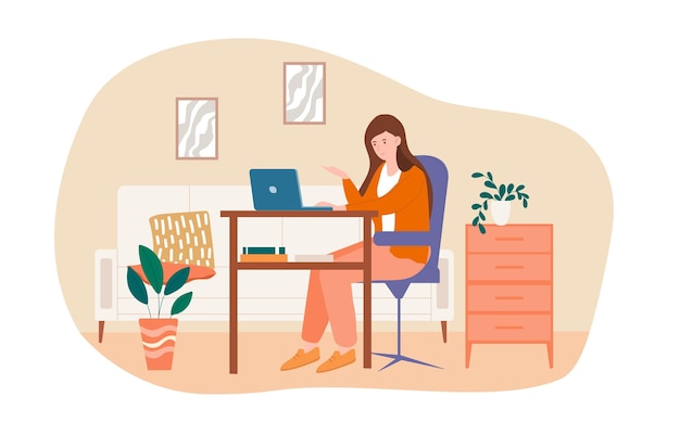 Vector businesswoman is working on her laptop in cozy office relaxed female character is sitting at desk