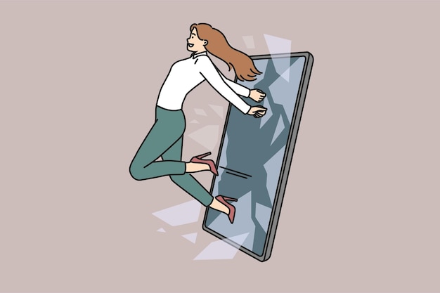 Businesswoman jump out of cellphone