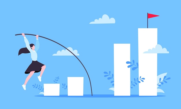 Businesswoman jumps pole vault over graph bars flat style design vector illustration