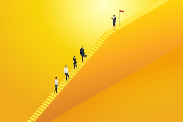 Businesswoman leader business team climbing stairs step on success concept illustration vector