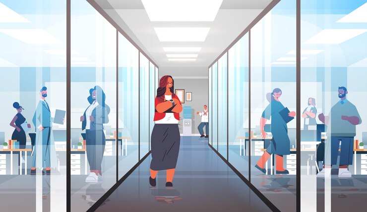 Vector businesswoman leader in formal wear successful business woman standing in corridor leadership concept modern office interior full length   illustration
