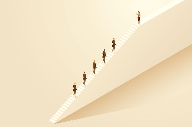 Leader di donna d'affari che guidano un team di uomini d'affari. concetto di liberazione, successo, ambizioni, leadership femminile. illustrazione vettoriale isometrica.