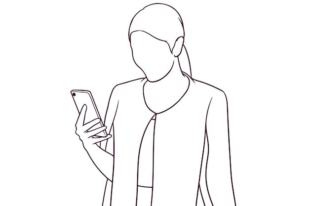 Businesswoman looking at her phone hand drawn style vector illustration