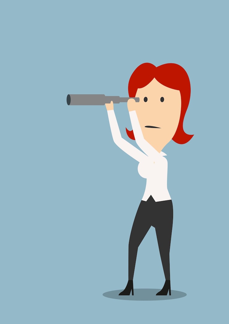 Vector businesswoman looking through a spyglass