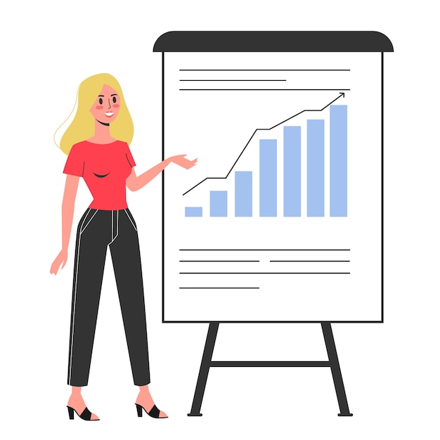 Businesswoman make presentation with graph and chart. Office meeting or seminar.   illustration