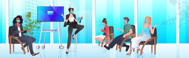 Vector businesswoman in mask discussing with mix race businesspeople team during conference meeting in office coronavirus pandemic concept horizontal