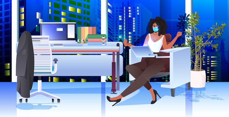 Vector businesswoman in mask sitting at workplace and using laptop coronavirus pandemic concept modern office interior horizontal