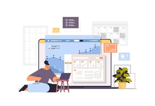 Vettore donna d'affari che monitora i dati delle statistiche finanziarie sullo schermo del laptop donna d'affari che analizza grafici e diagrammi illustrazione vettoriale a tutta lunghezza orizzontale