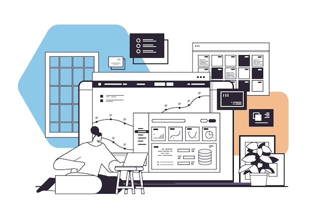 Donna d'affari che monitora i dati delle statistiche finanziarie sullo schermo del computer portatile donna d'affari che analizza grafici e diagrammi illustrazione vettoriale lineare