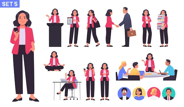 Vector businesswoman office employee collection business woman different poses podium _ai_generated