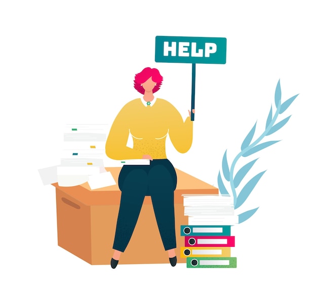 Vector businesswoman overwhelmed with work holding a help sign office employee with pink hair needs assistance with tasks work stress and time management issues vector illustration