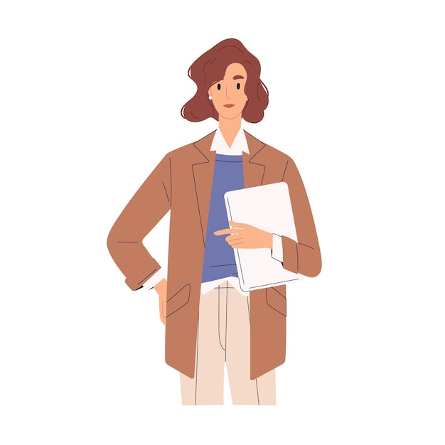 Портрет деловой женщины. Женщина-предприниматель стоит с планшетом в руках. Бизнес-консультант или менеджер в формальной одежде. Плоская векторная иллюстрация современного офисного работника на белом фоне.