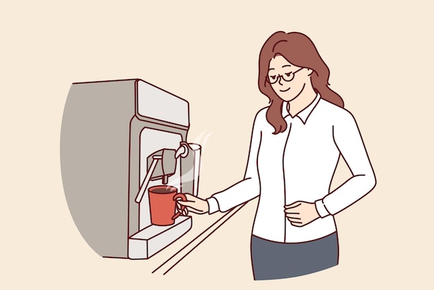 Businesswoman pouring coffee into mug from espresso machine during lunch break in office