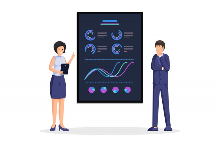 Vector businesswoman presentation  illustration. data analytics and business strategy . corporate report with colorful rising charts, diagrams, infographic, statistics information