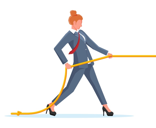 Businesswoman pull of rope woman tug of war business target rivalry competition conflict struggle and challenge achievement goal success flat vector illustration