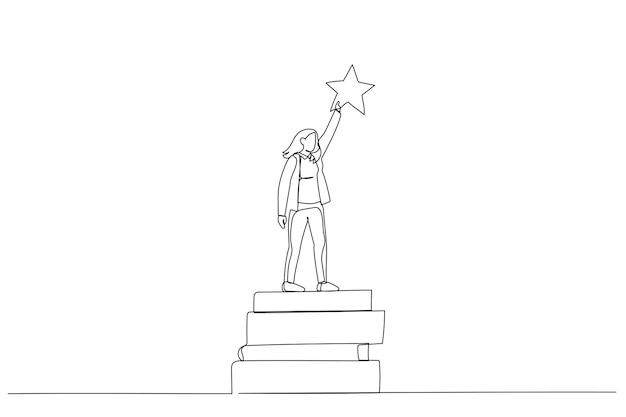 businesswoman reach out for the stars by using books as the platform Single continuous line art