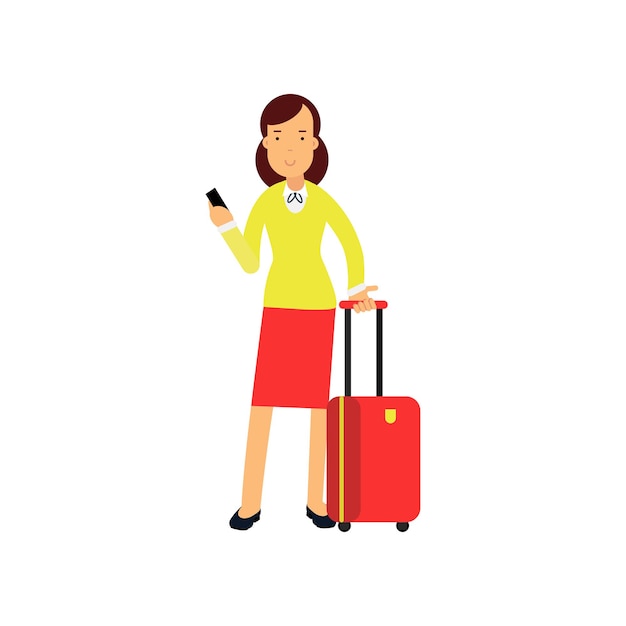 Businesswoman in red skirt and yellow blouse standing at airport with luggage and smartphone in hands. Cartoon female character. Airway travel. Business trip concept. Isolated flat vector illustration