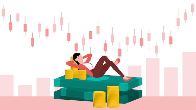 Businesswoman relaxing on Investment return income flat business character vector illustration
