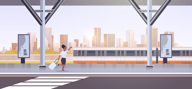 businesswoman running to catch train   woman with luggage on railway station city public transport female cartoon character cityscape background full length horizontal banner