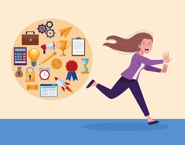 Vector businesswoman running extressed with information overload icons  illustration