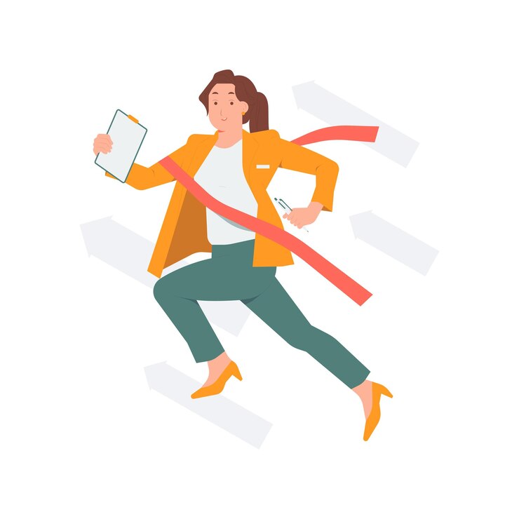 Vector businesswoman running plan rushing forward breaking target archery to successful business arrows goals achievement concept illustration