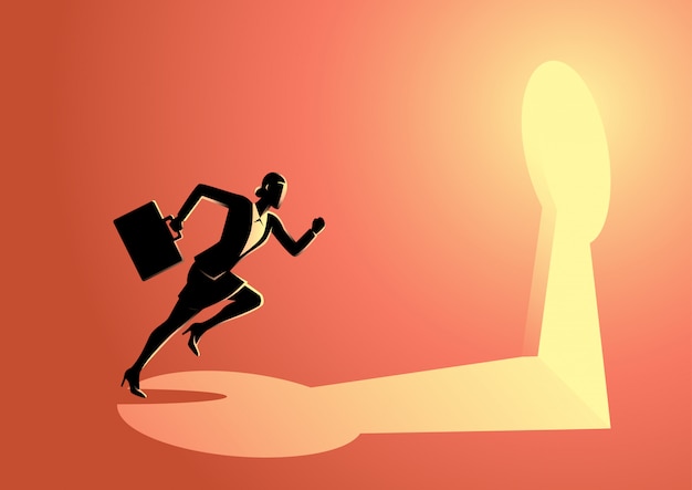 Businesswoman running towards a key hole