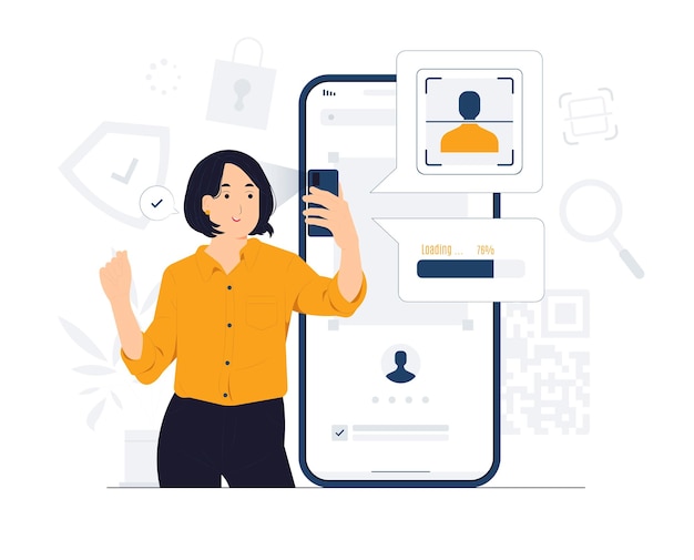 Деловая женщина сканирует свое лицо с помощью системы распознавания лиц с помощью мобильного телефона, чтобы разблокировать и проверить защиту своих личных данных
