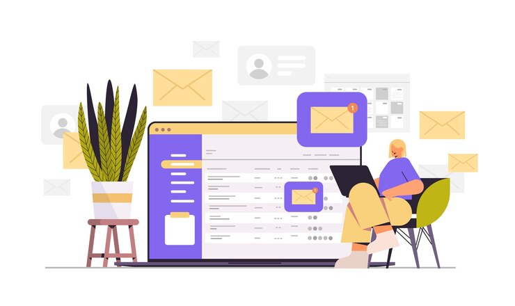 Vector businesswoman sending or receiving letters email inbox message notification new unread mail business communication concept horizontal full length vector illustration