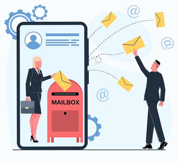 Businesswoman sends a letter through the mailbox and businessman catches the letter email service