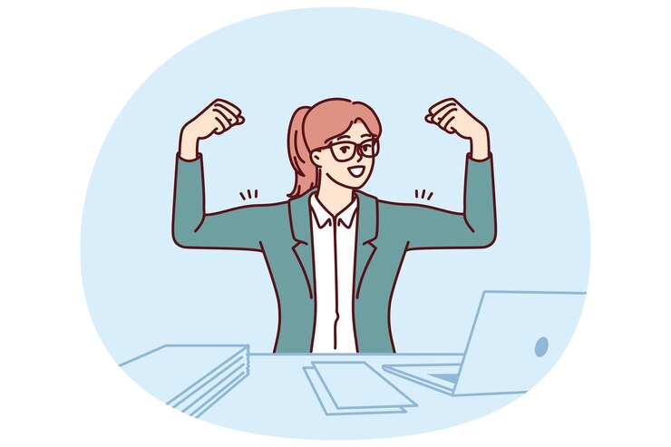Vector オフィステーブルに座ってラップトップを持って野心を示すビジネスウーマン