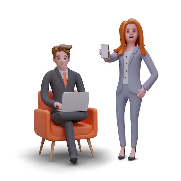 Vector businesswoman shows smartphone with blank screen man in business suit sits in chair with laptop