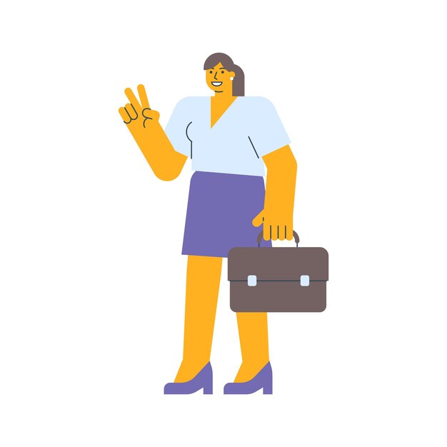 Vector businesswoman shows two fingers gesture and holding suitcase