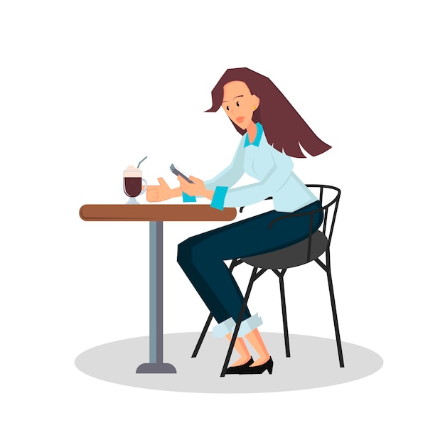 Businesswoman sitting on chair at a desk she is looking at the smartphone and drink coffee