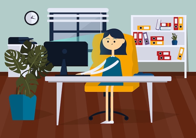 Vettore donna d'affari seduta su una sedia da ufficio alla scrivania di un computer fumetto vettoriale a colori