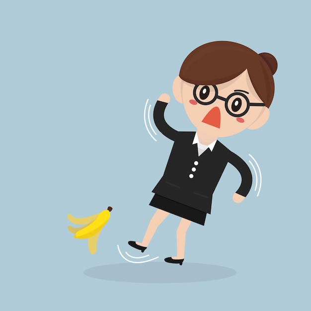 Businesswoman slipping on a banana peel. 