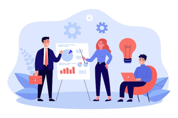 Vector businesswoman speaking, presenting graphs on board presentation. group of business people training flat vector illustration. education, lecture concept for banner, website design or landing web page