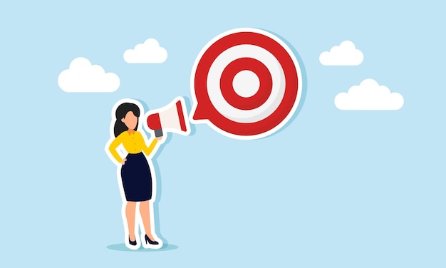 A businesswoman speaks using a megaphone creating a dialogue in the shape of a target board illustration of business target promotion and education for the team