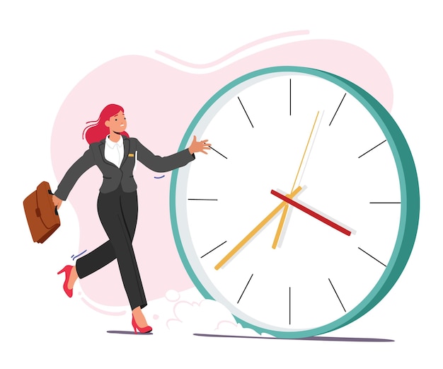 Vector businesswoman sprints past huge clock checking time indicating the importance of time management in the business world