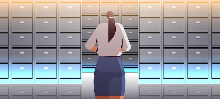 Vector businesswoman standing back to camera rear view of elegant business woman in file cabinet female cartoon character portrait horizontal vector illustration