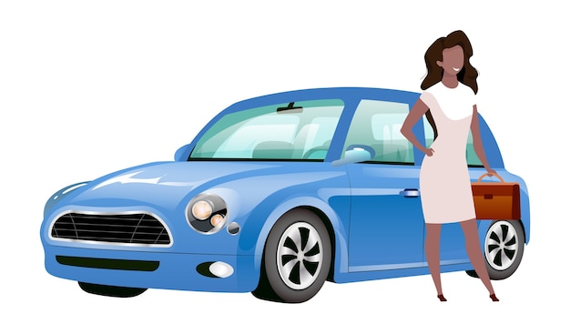 Vector businesswoman standing by car flat design color faceless character