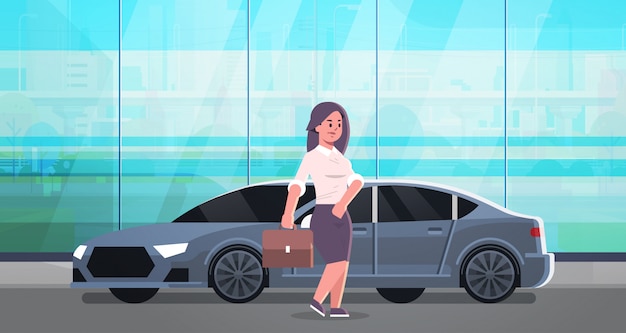 Vector businesswoman standing near luxury car woman in formal wear holding suitcase going to work business