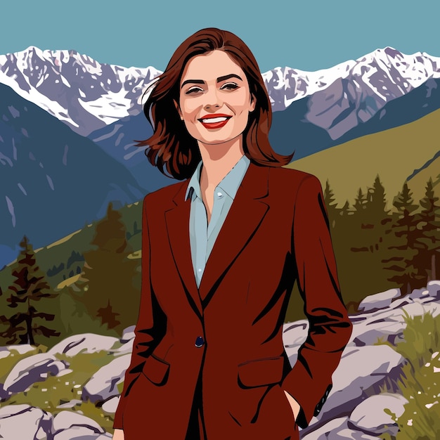 Vector businesswoman standing on top of mountain representing triumph of success and achievement vector il