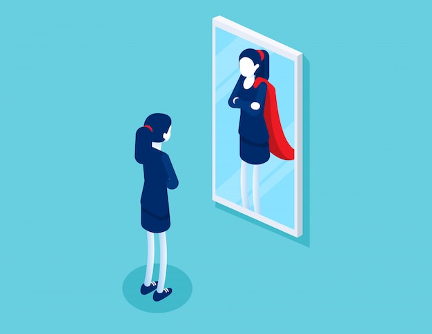 Vector businesswoman stands in front of a mirror is reflected as a superman.