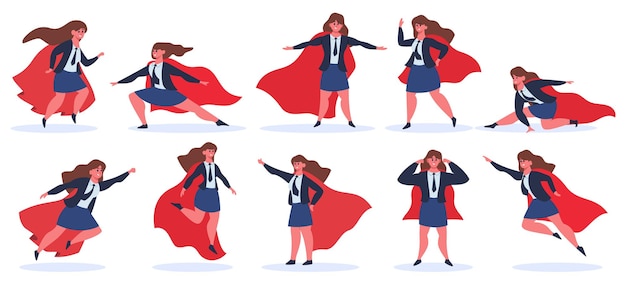 Businesswoman superhero. female superhero character in superhero action poses in red cloak