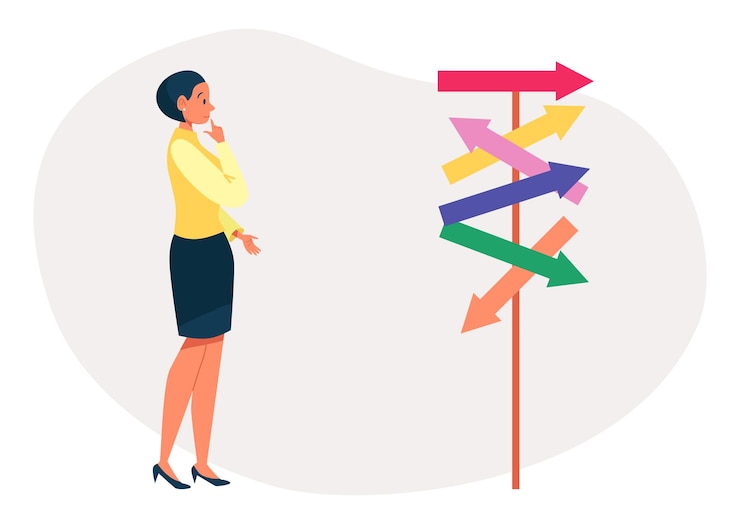 Vector businesswoman think and choice different direction way female character select business path flat vector illustration isolated on white