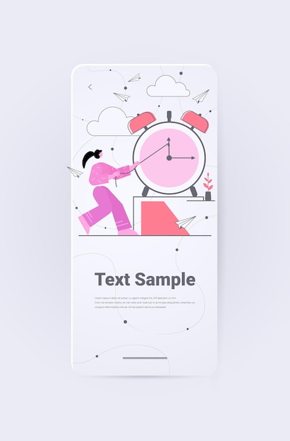 Бизнес-леди пытается остановить стрелку на будильнике, концепция крайнего срока эффективного управления рабочим временем